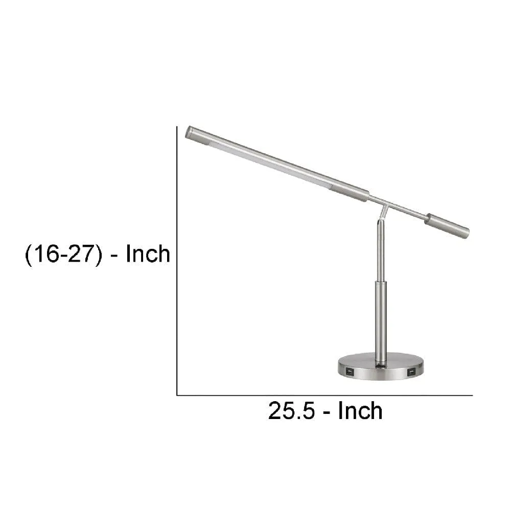 16 Inch Adjustable LED Office Desk Lamp, 2 USB Ports, Silver By Casagear Home