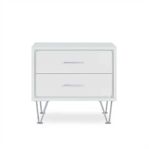 2 White Wooden Drawer Chrome Nightstand
