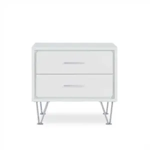 2 White Wooden Drawer Chrome Nightstand