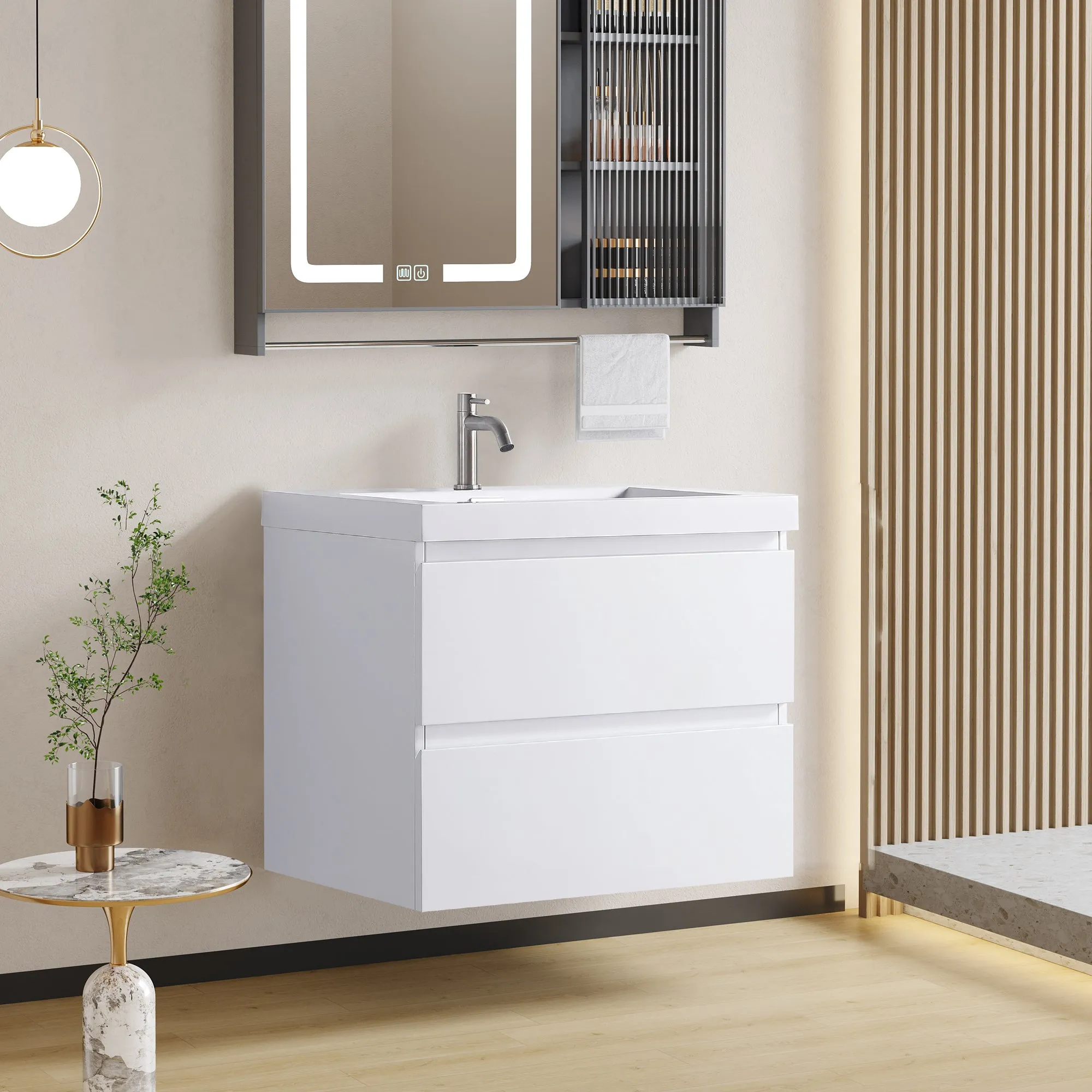 24" White Wall Mount Bathroom Vanity Floating Vanity with Sink and Two Drawers Bathroom Cabinet