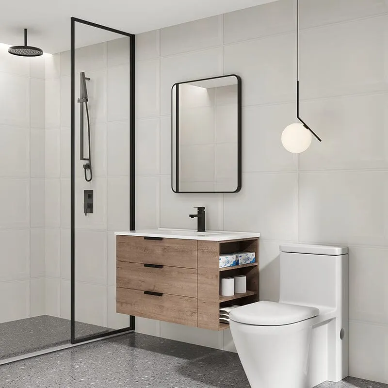 30'' Wall Mounted Bathroom Vanity White Resin Basin Top with Right Shelves
