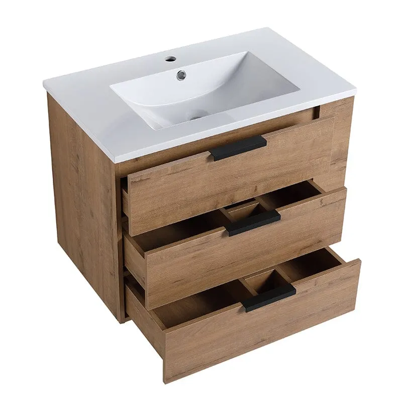 30'' Wall Mounted Bathroom Vanity White Resin Basin Top with Right Shelves