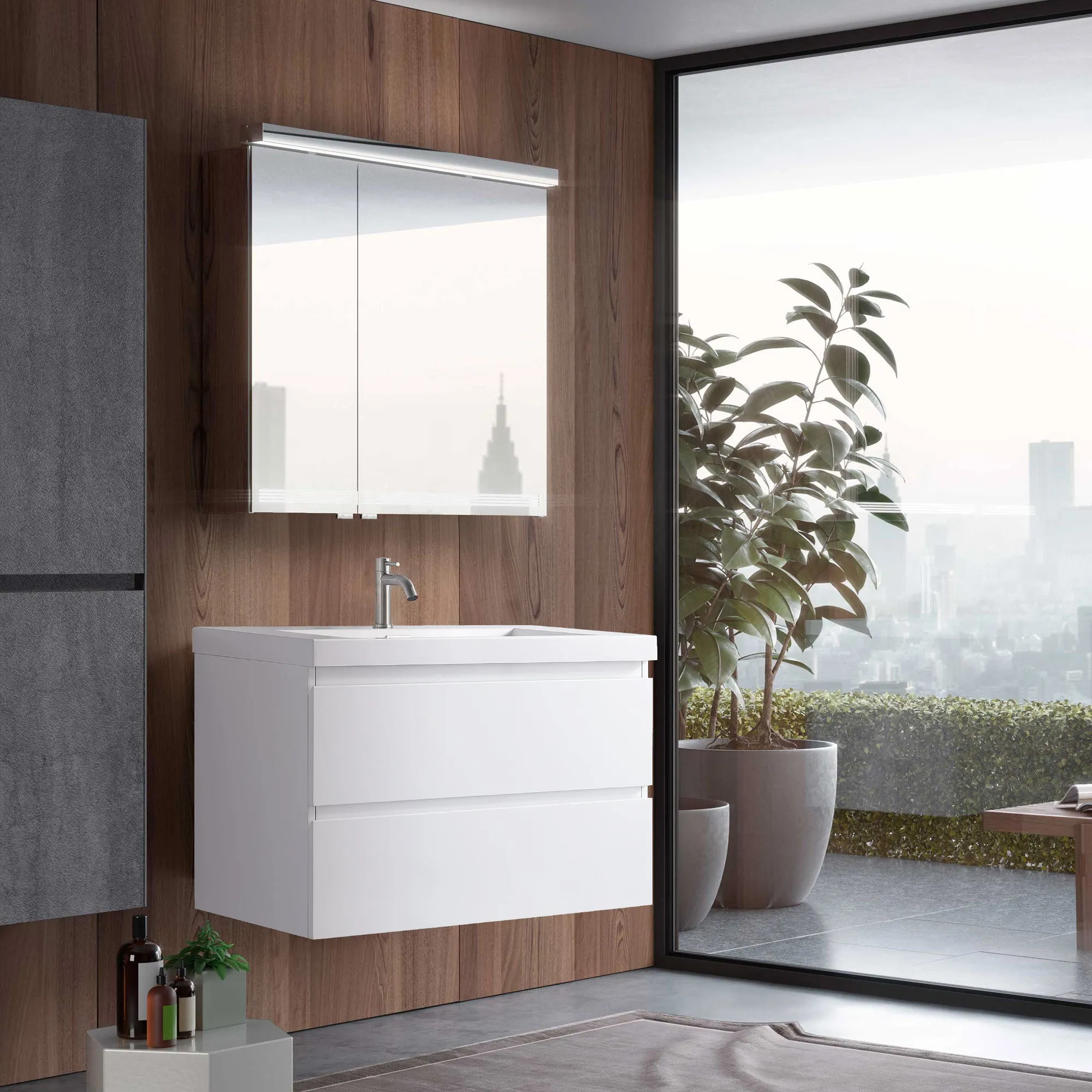30" White Bathroom Vanity with Sink Wall Mount Floating Bathroom Vanity Cabinet with Two Big Drawers