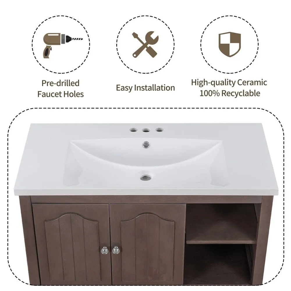 36" Brown Bathroom Vanity with Ceramic Basin, Bathroom Storage Cabinet with Two Doors and Drawers