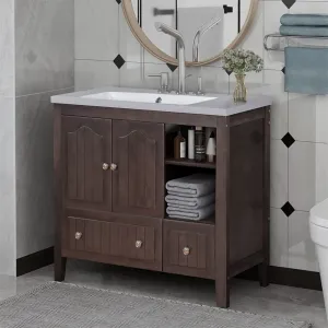 36" Brown Bathroom Vanity with Ceramic Basin, Bathroom Storage Cabinet with Two Doors and Drawers