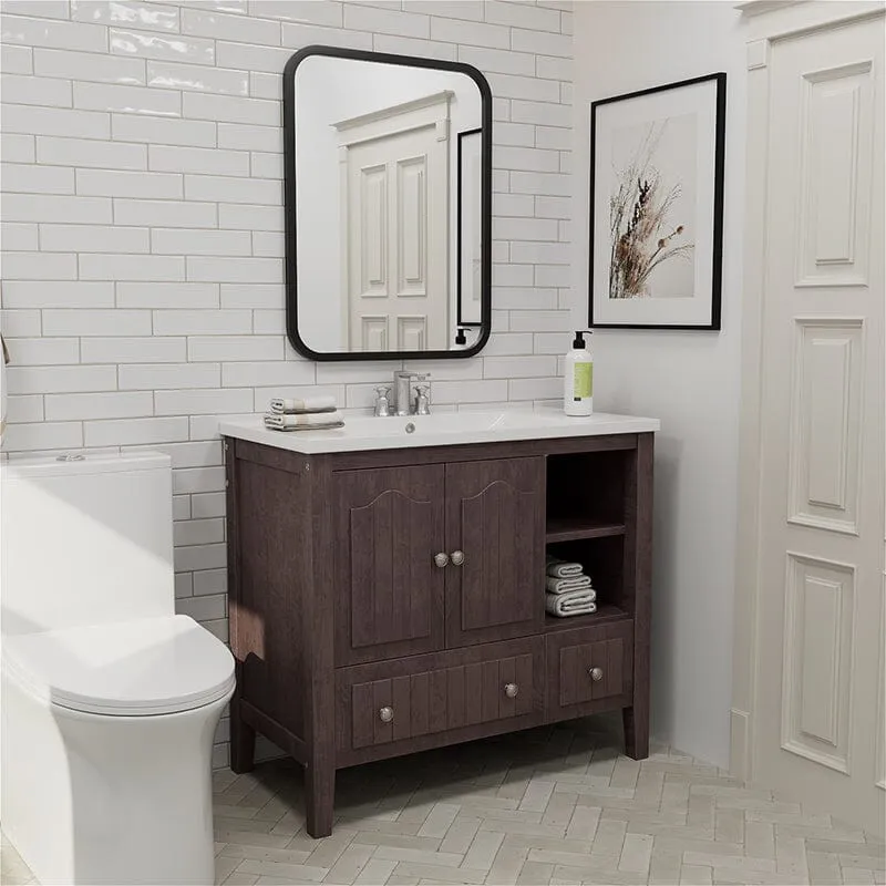 36" Brown Bathroom Vanity with Ceramic Basin, Bathroom Storage Cabinet with Two Doors and Drawers