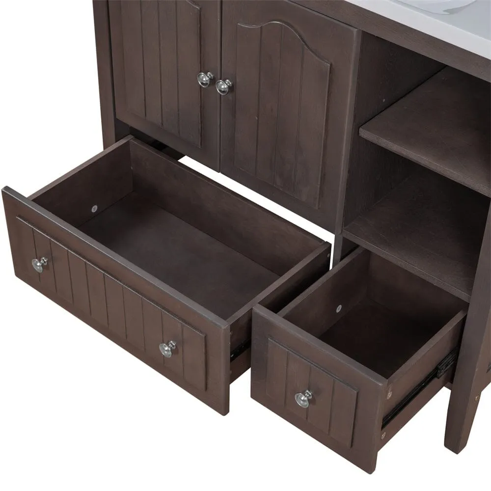 36" Brown Bathroom Vanity with Ceramic Basin, Bathroom Storage Cabinet with Two Doors and Drawers