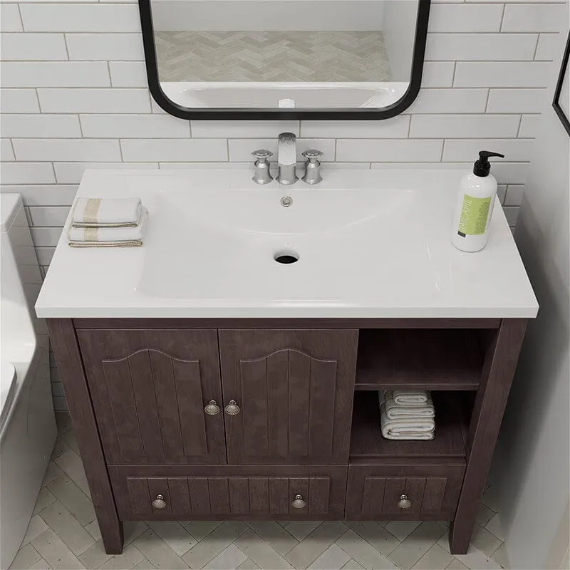 36" Brown Bathroom Vanity with Ceramic Basin, Bathroom Storage Cabinet with Two Doors and Drawers