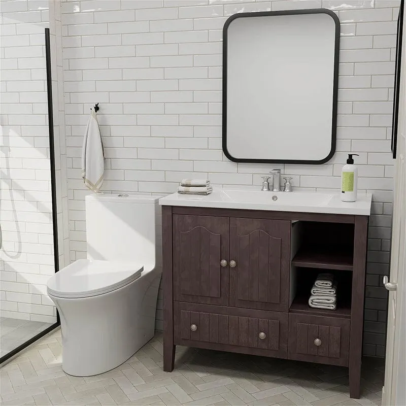 36" Brown Bathroom Vanity with Ceramic Basin, Bathroom Storage Cabinet with Two Doors and Drawers