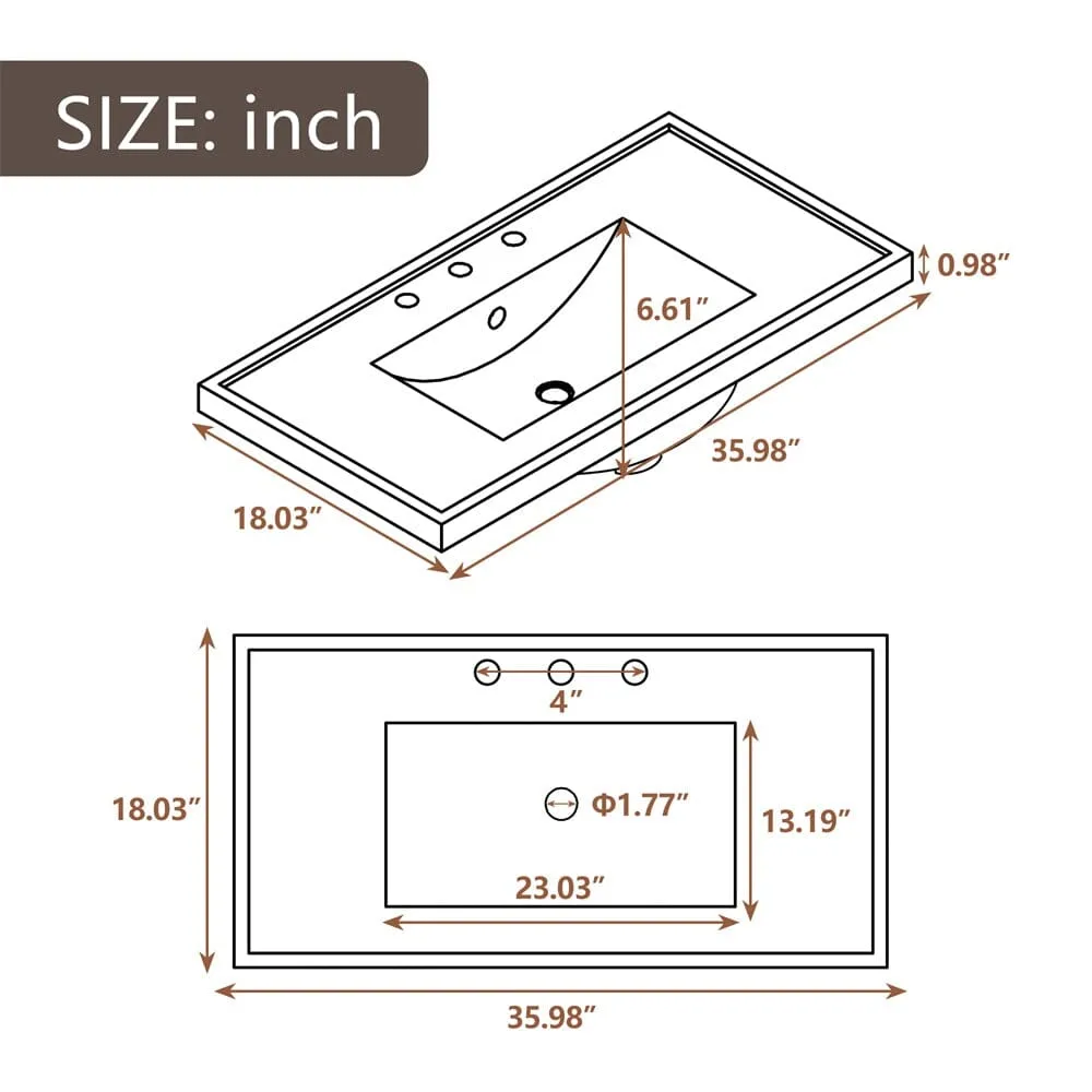 36" Brown Bathroom Vanity with Ceramic Basin, Bathroom Storage Cabinet with Two Doors and Drawers