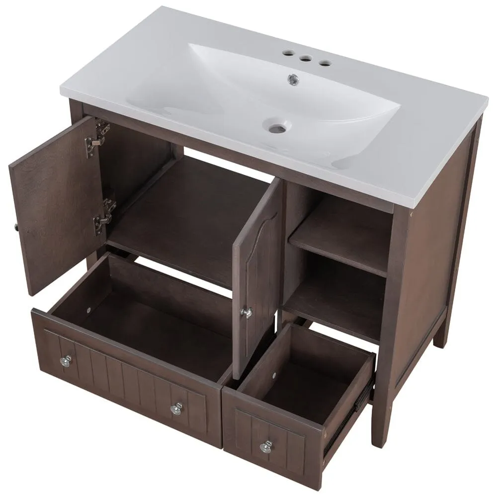 36" Brown Bathroom Vanity with Ceramic Basin, Bathroom Storage Cabinet with Two Doors and Drawers