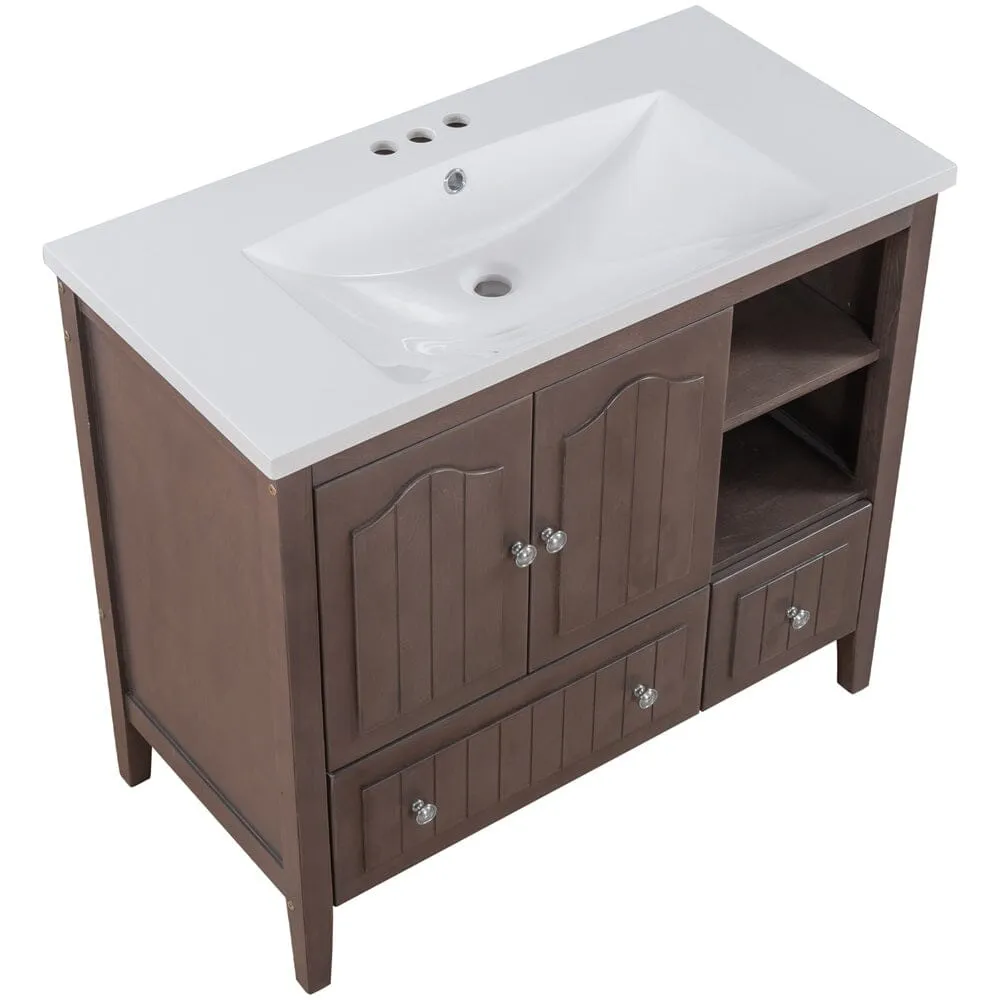 36" Brown Bathroom Vanity with Ceramic Basin, Bathroom Storage Cabinet with Two Doors and Drawers