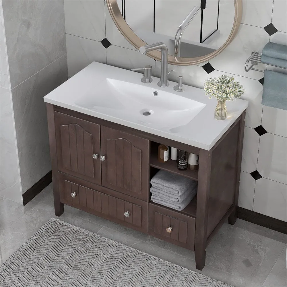36" Brown Bathroom Vanity with Ceramic Basin, Bathroom Storage Cabinet with Two Doors and Drawers