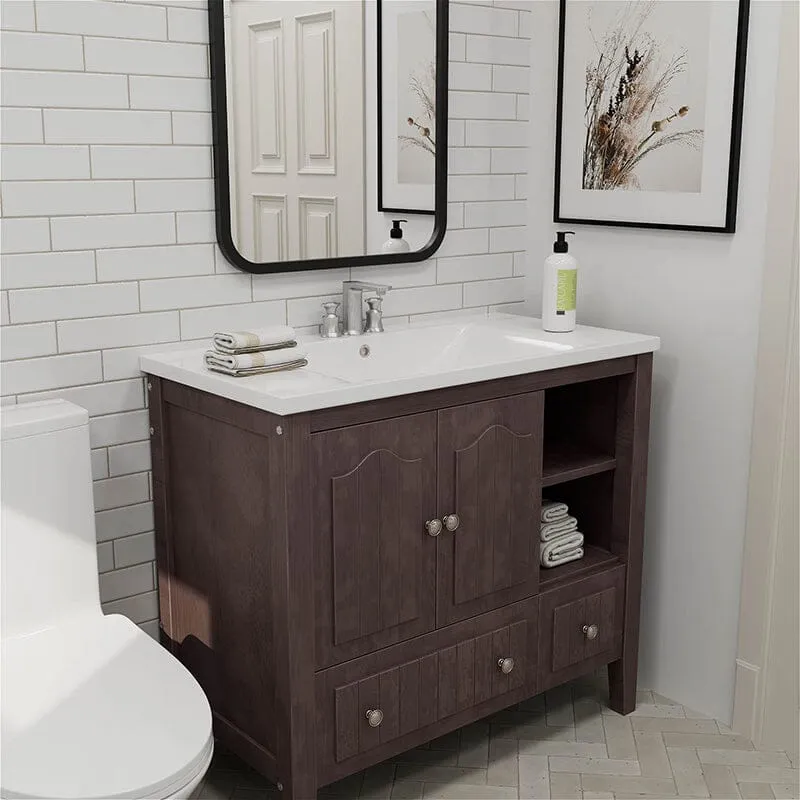 36" Brown Bathroom Vanity with Ceramic Basin, Bathroom Storage Cabinet with Two Doors and Drawers