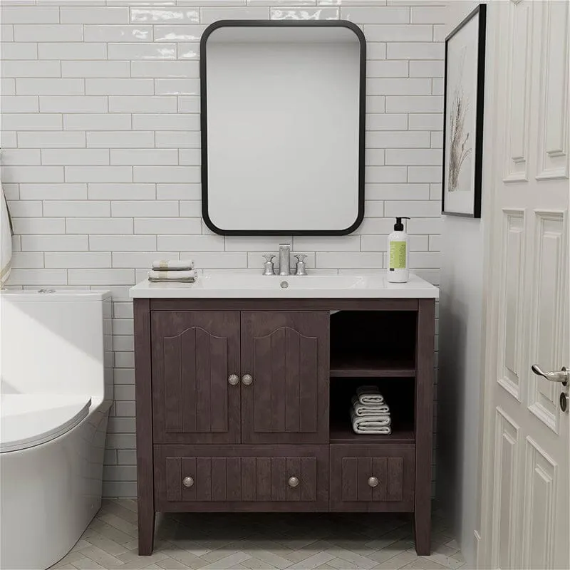 36" Brown Bathroom Vanity with Ceramic Basin, Bathroom Storage Cabinet with Two Doors and Drawers