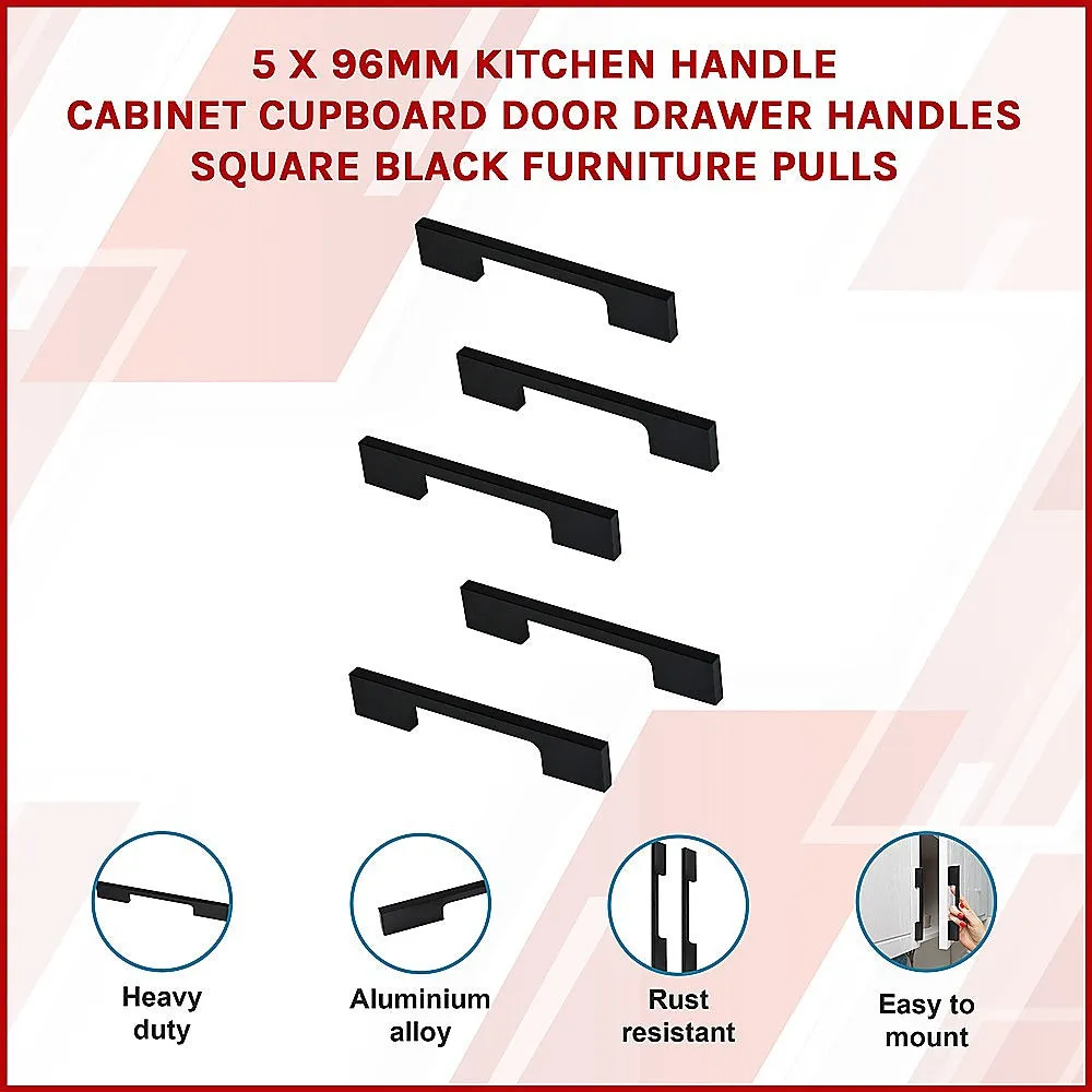 5x 96mm Kitchen Handle Cabinet Cupboard Door Drawer Handles | Square Black Furniture Pulls