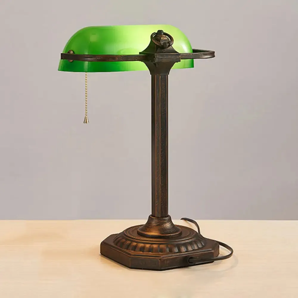 Adjustable Retro Pull Chain Table Lamp - Green Glass Night Light with Antiqued Bronze Finish