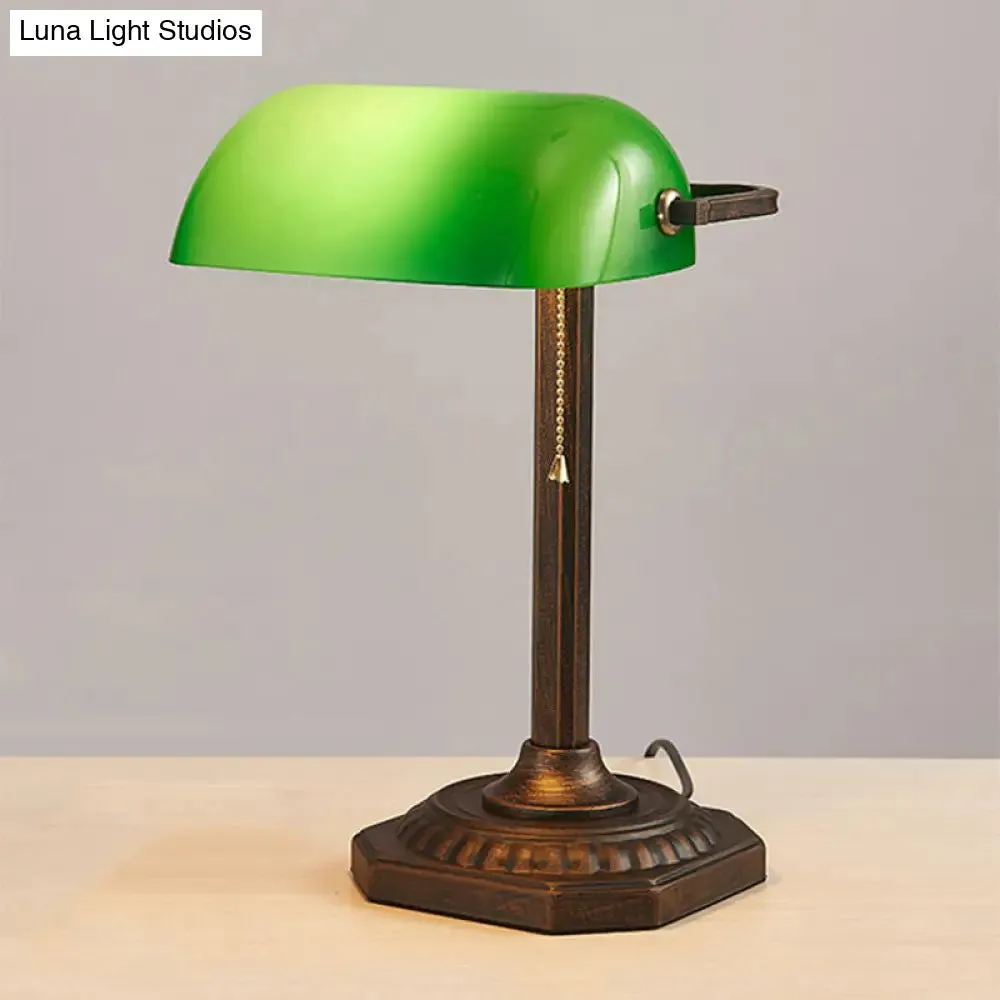 Adjustable Retro Pull Chain Table Lamp - Green Glass Night Light with Antiqued Bronze Finish