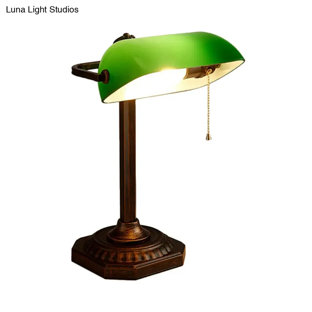 Adjustable Retro Pull Chain Table Lamp - Green Glass Night Light with Antiqued Bronze Finish