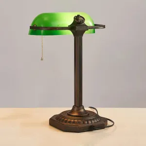Adjustable Retro Pull Chain Table Lamp - Green Glass Night Light with Antiqued Bronze Finish