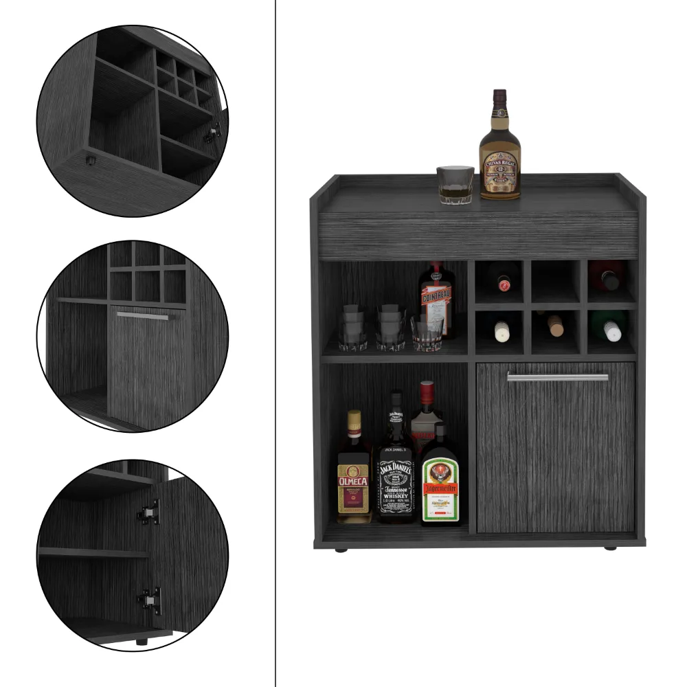 Bar Cabinet Dext, Two Concealed Shelves, Six Wine Cubbies, Light Gray Finish