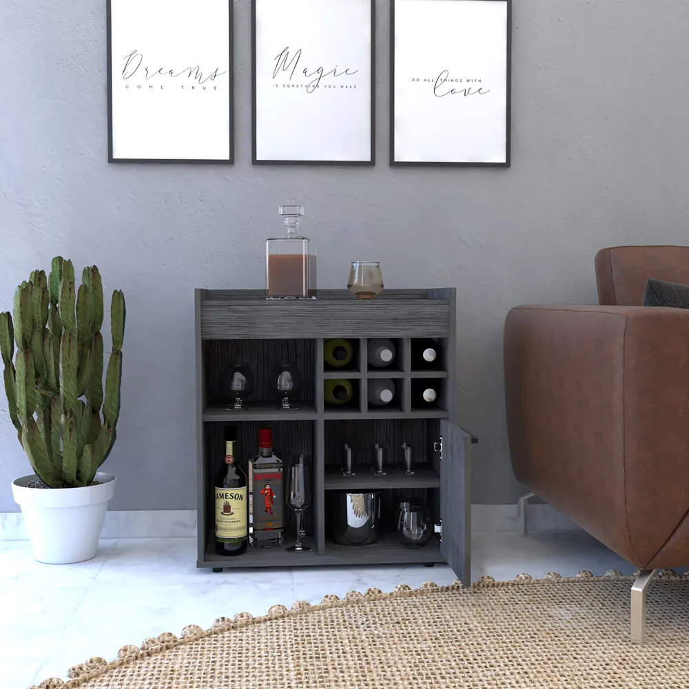 Bar Cabinet Dext, Two Concealed Shelves, Six Wine Cubbies, Light Gray Finish