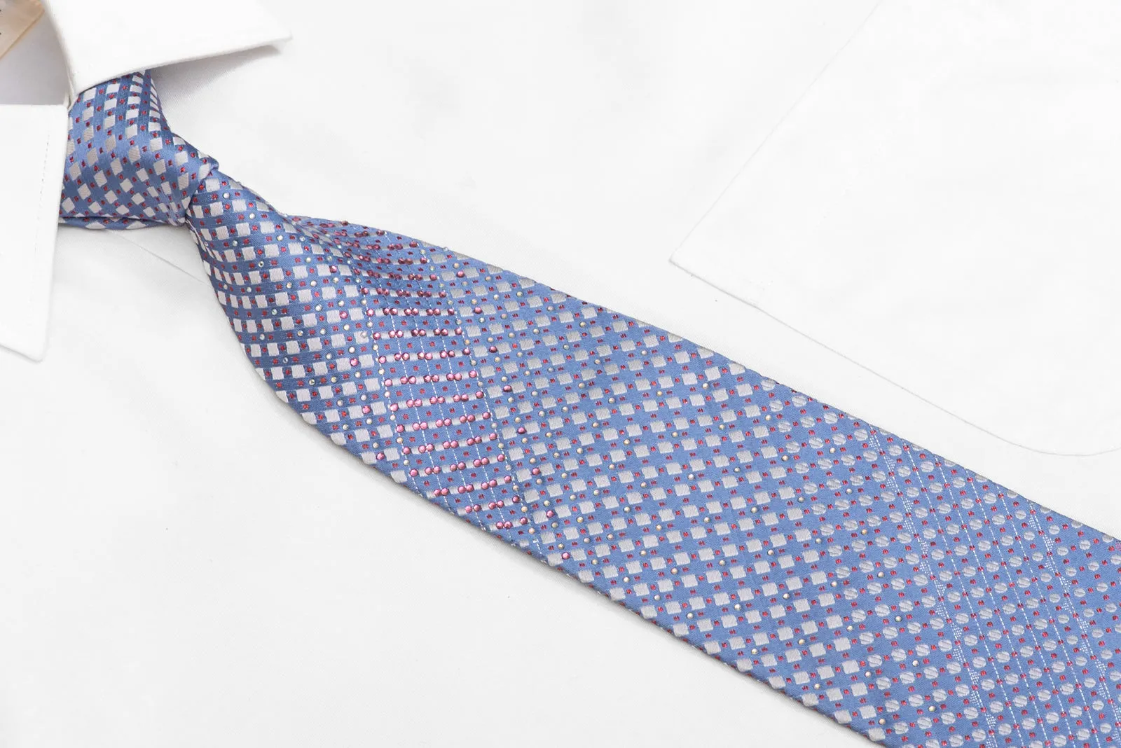 Blue Silver Geometric Rhinestone Silk Necktie With Red Sparkles