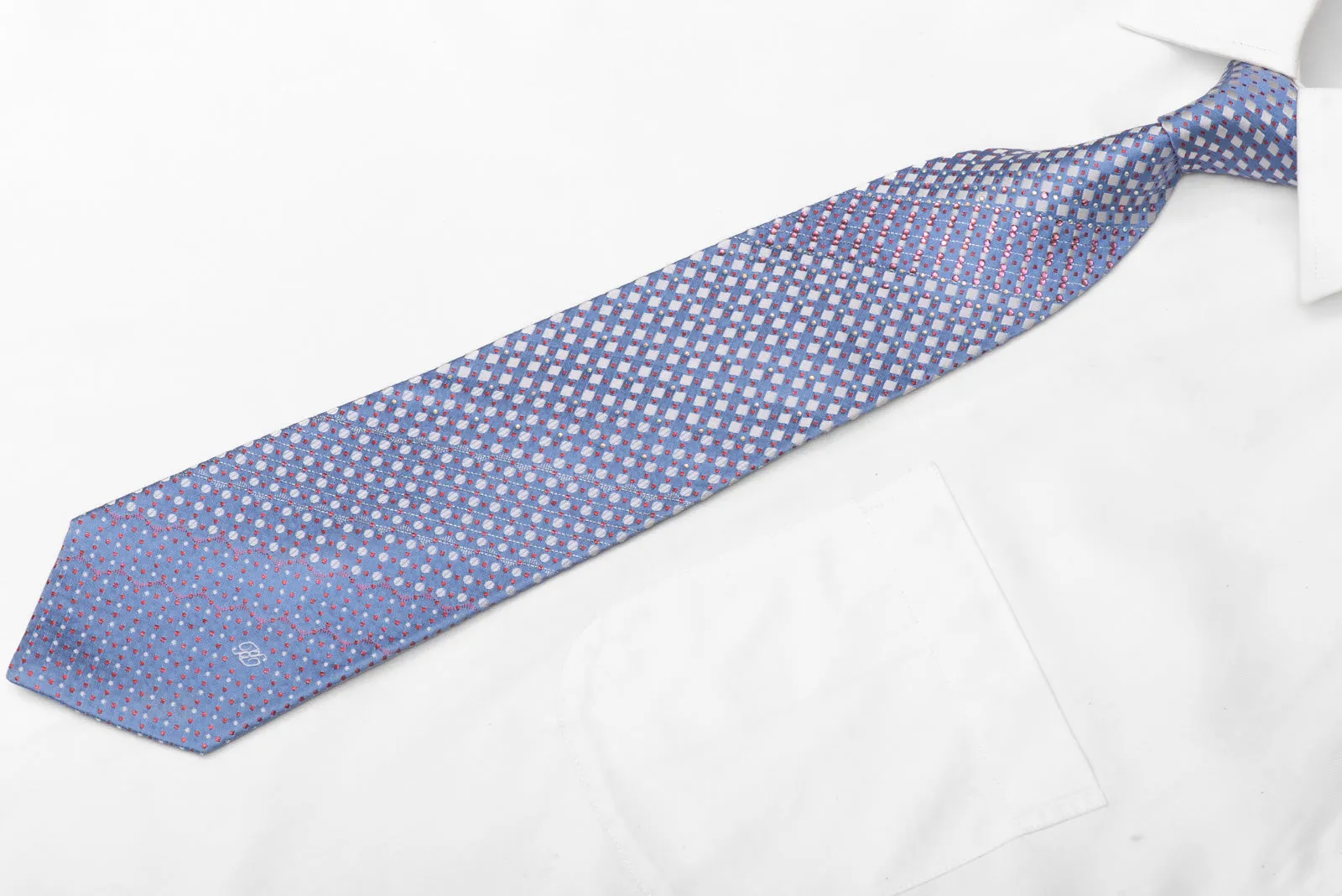 Blue Silver Geometric Rhinestone Silk Necktie With Red Sparkles