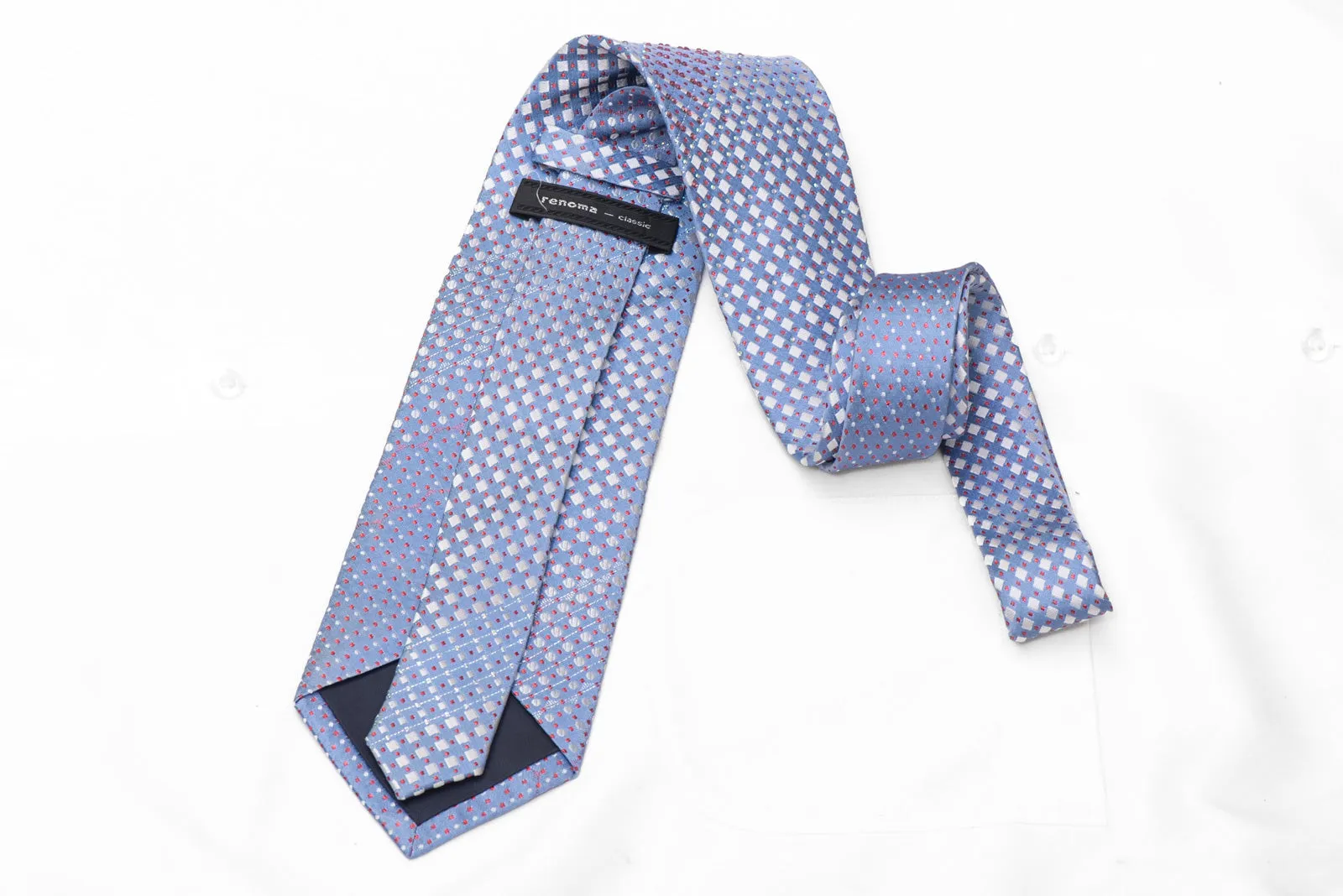 Blue Silver Geometric Rhinestone Silk Necktie With Red Sparkles