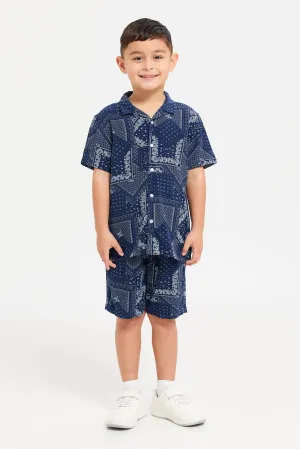 Boys Navy Printed Shirt With Shorts Set (2 Piece)