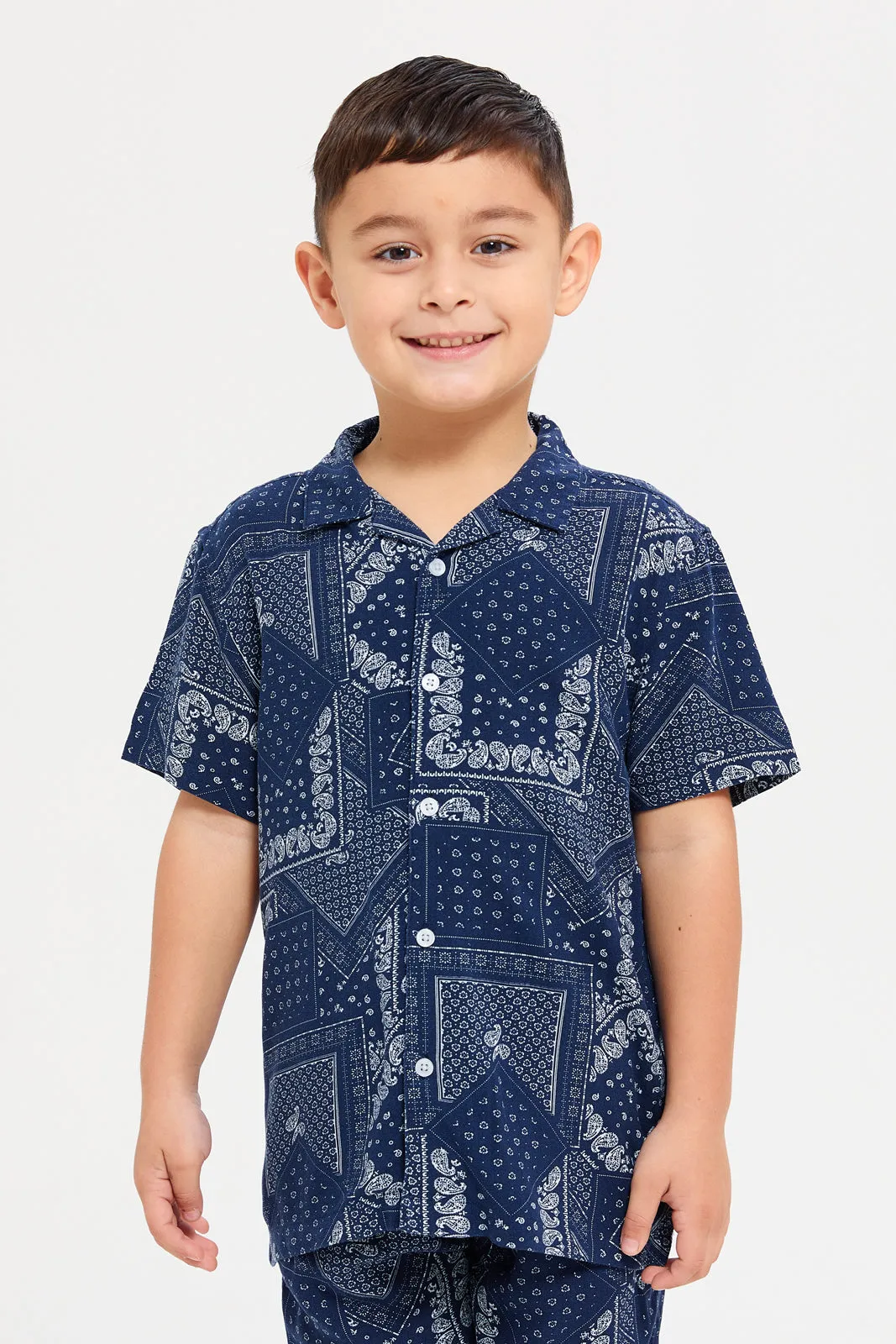 Boys Navy Printed Shirt With Shorts Set (2 Piece)