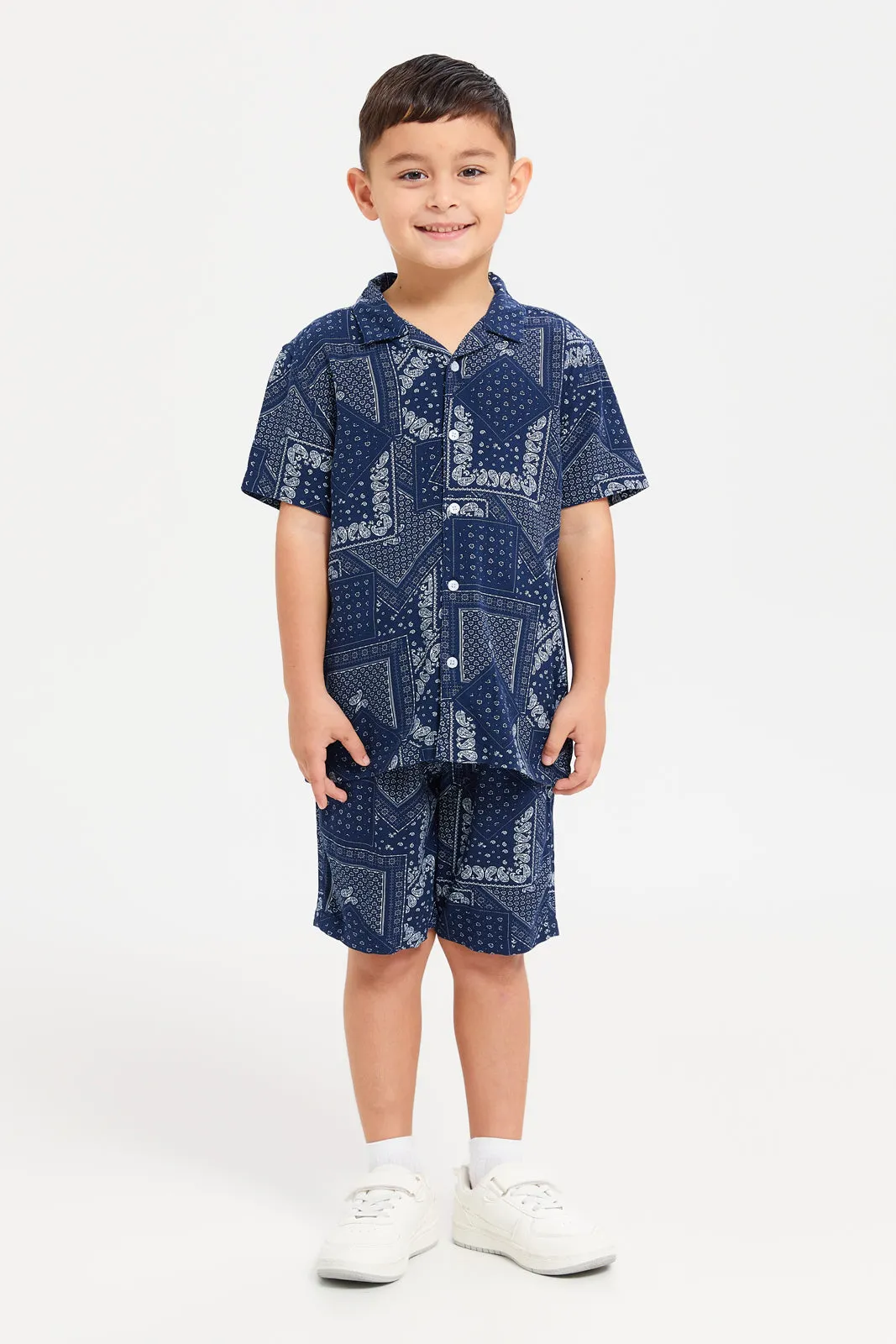 Boys Navy Printed Shirt With Shorts Set (2 Piece)