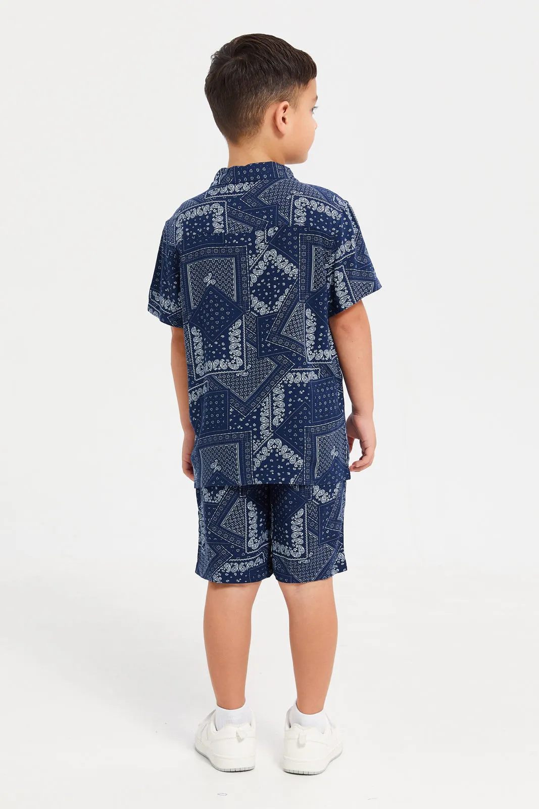 Boys Navy Printed Shirt With Shorts Set (2 Piece)