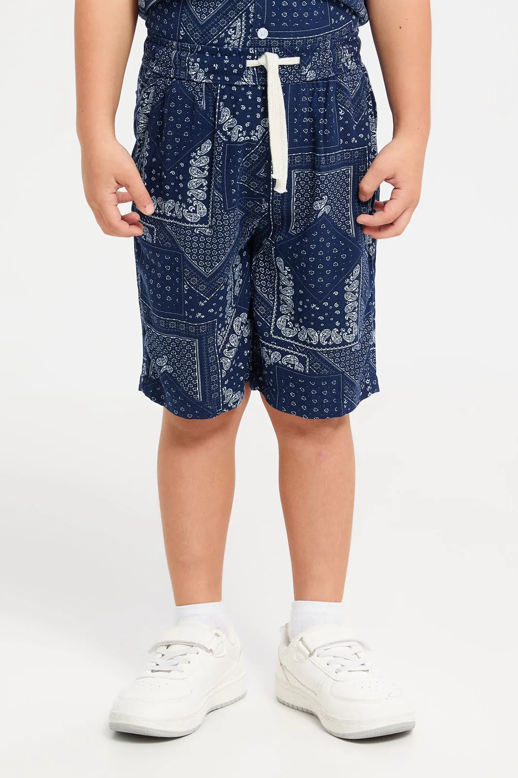 Boys Navy Printed Shirt With Shorts Set (2 Piece)