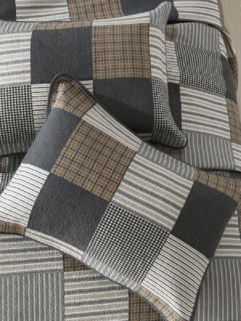 Brown Printed Patchwork Cotton 3 Piece Bedspread Bedding Set