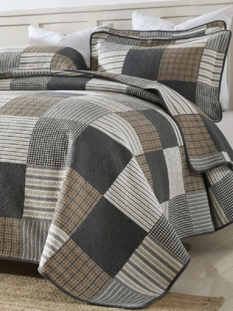 Brown Printed Patchwork Cotton 3 Piece Bedspread Bedding Set