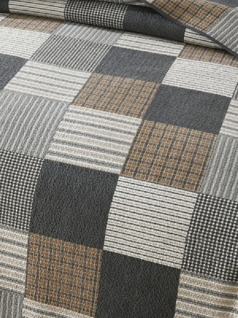 Brown Printed Patchwork Cotton 3 Piece Bedspread Bedding Set