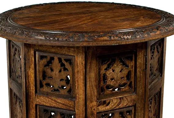 EYLEX Mango Wood Hand Carved Accent Coffee Table for Living Room Side Table Bedside Table Tea Table for Living Room Bedroom Office (Brown)