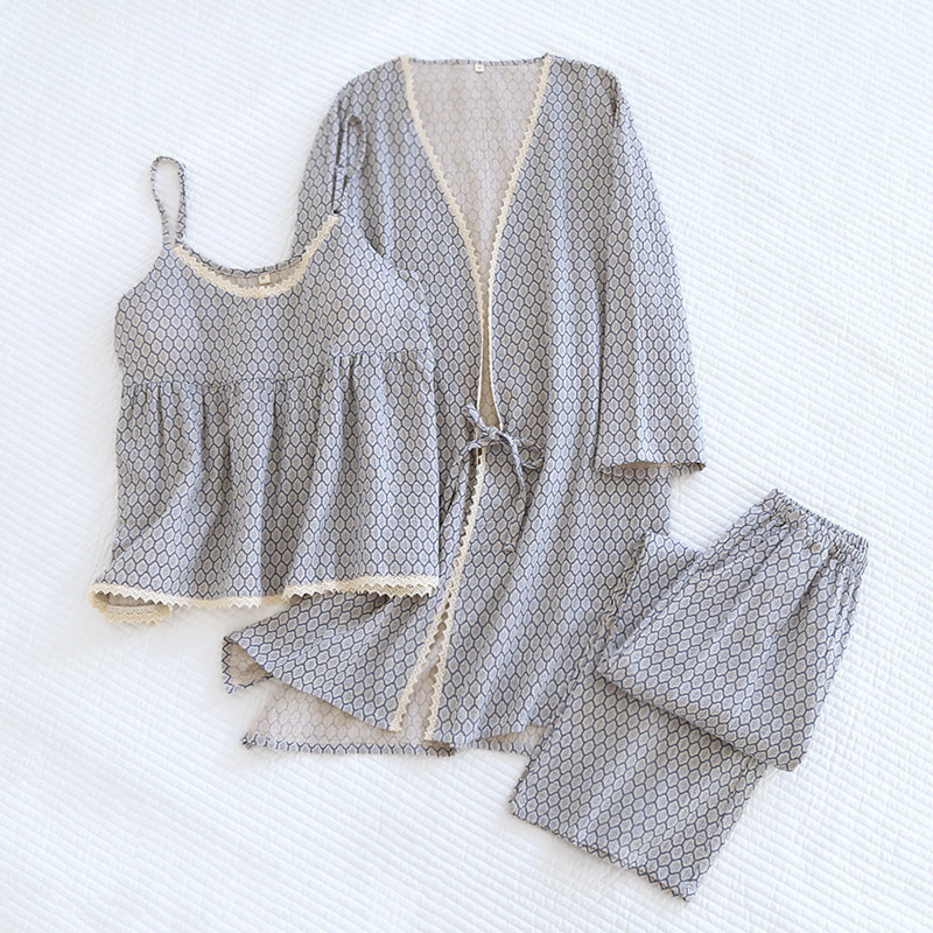 Floral V Tank and Long Pants with Cardigan Cotton Pajama Set / White
