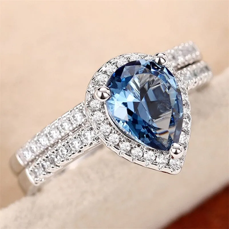 Gorgeous 2Pcs/Set Blue Aquamarine Water Drop Cubic Zirconia Ring
