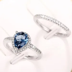 Gorgeous 2Pcs/Set Blue Aquamarine Water Drop Cubic Zirconia Ring
