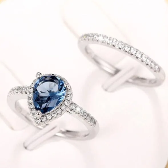 Gorgeous 2Pcs/Set Blue Aquamarine Water Drop Cubic Zirconia Ring