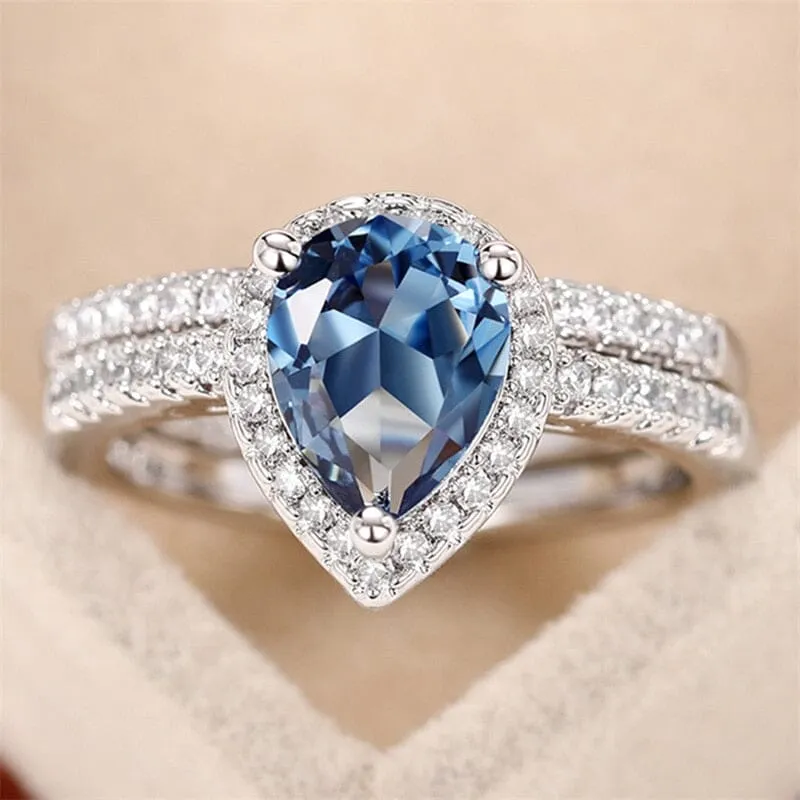 Gorgeous 2Pcs/Set Blue Aquamarine Water Drop Cubic Zirconia Ring