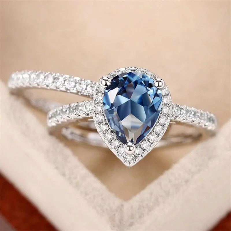 Gorgeous 2Pcs/Set Blue Aquamarine Water Drop Cubic Zirconia Ring