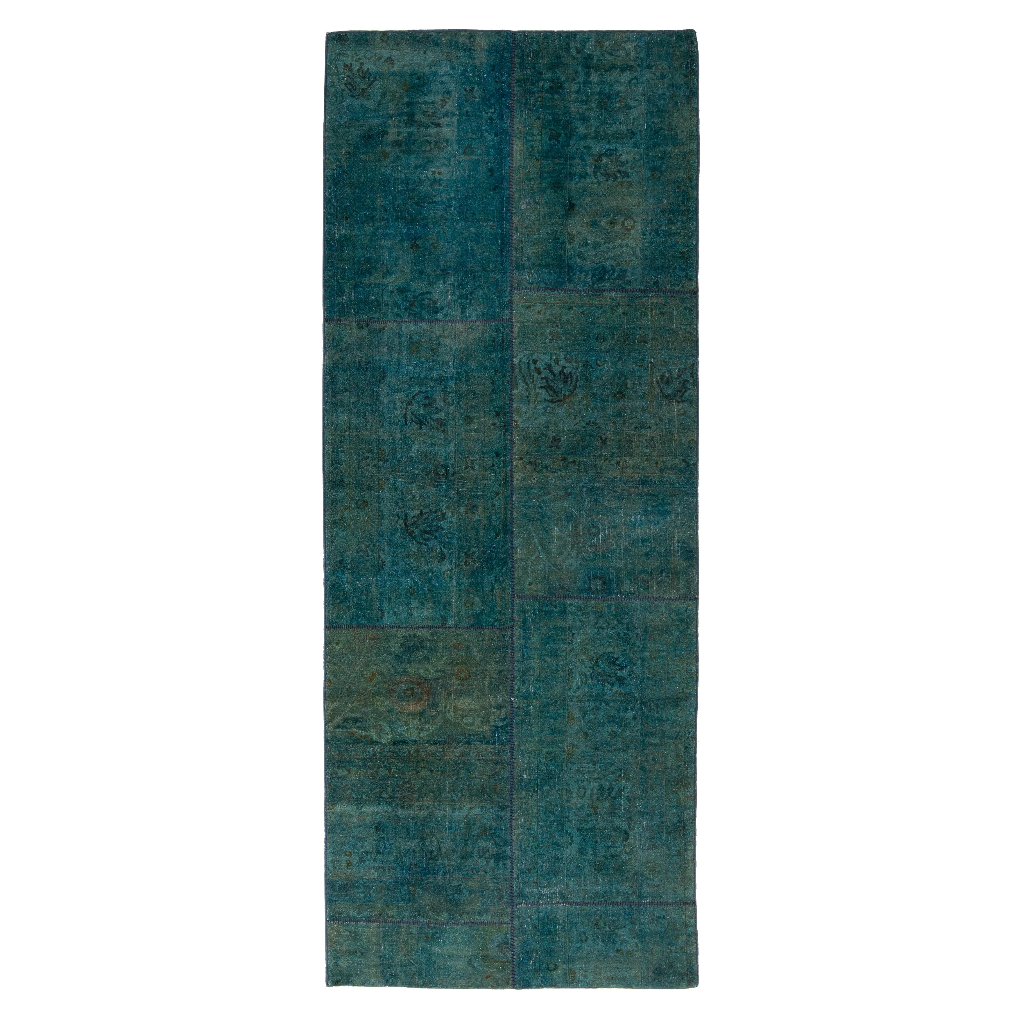 Green Patchwork Wool Rug - 4'4" x 11'