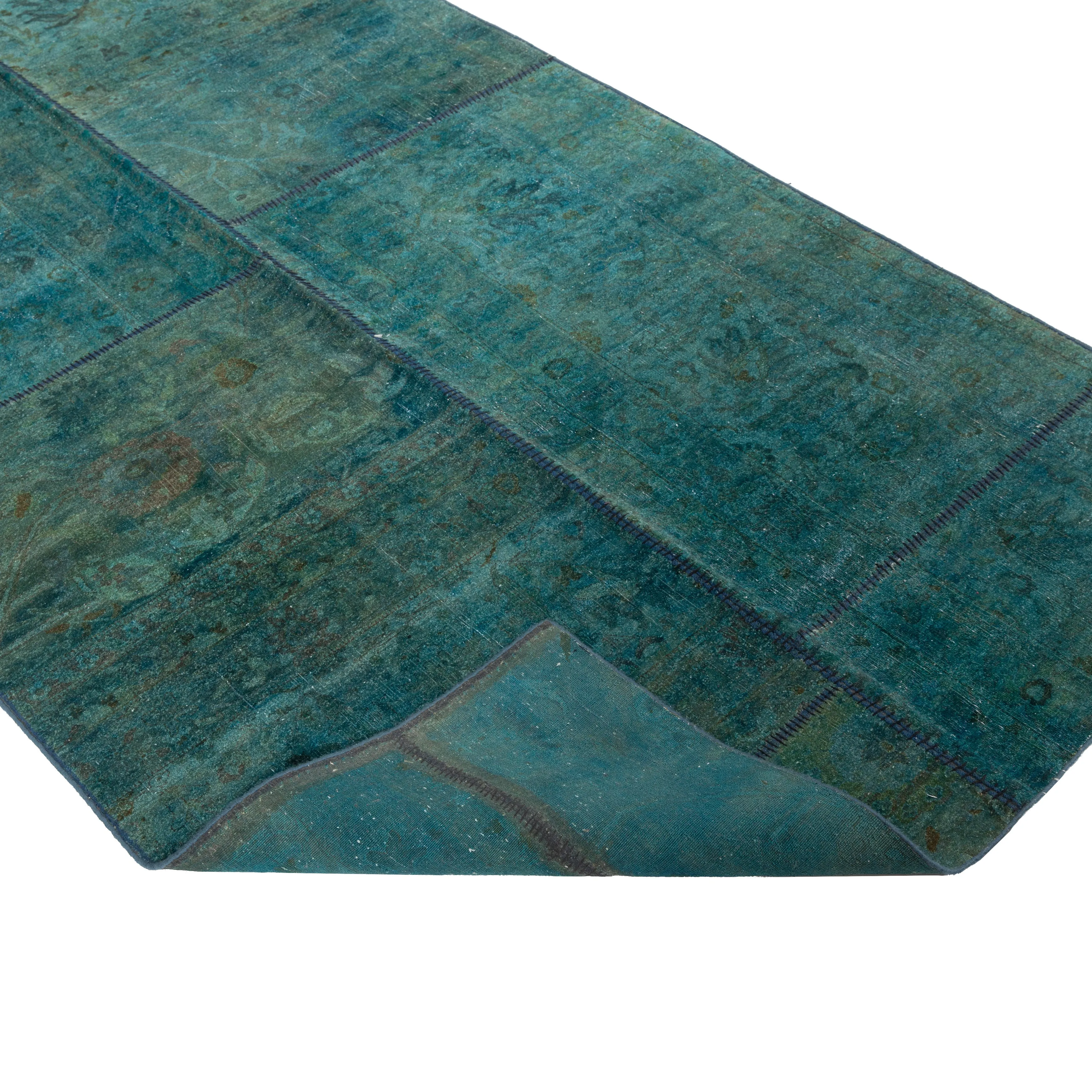Green Patchwork Wool Rug - 4'4" x 11'