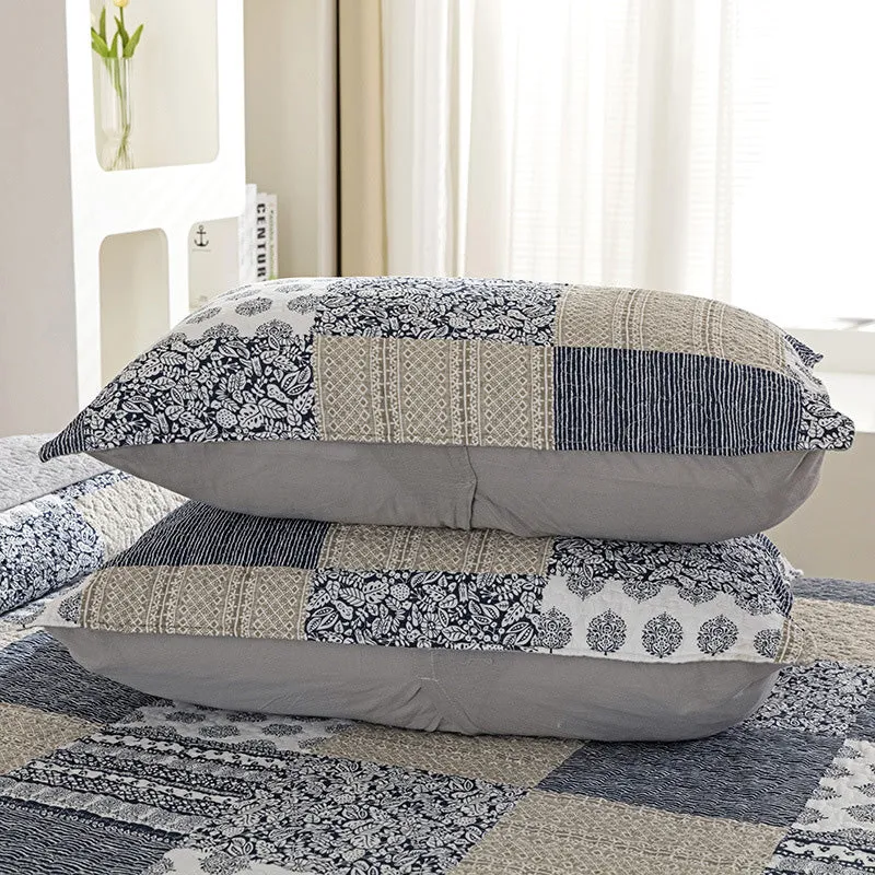 Grey Patchwork Printed Cotton 3 Piece Bedspread Bedding Set