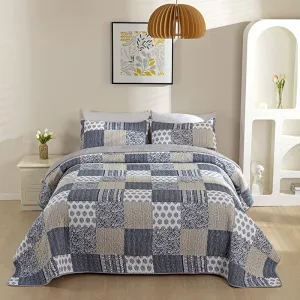 Grey Patchwork Printed Cotton 3 Piece Bedspread Bedding Set