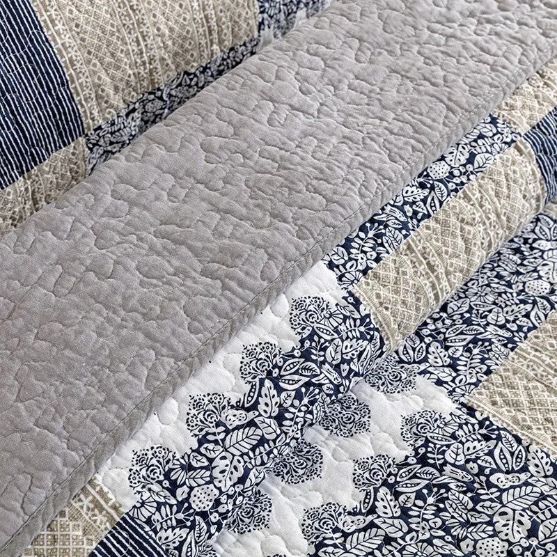 Grey Patchwork Printed Cotton 3 Piece Bedspread Bedding Set