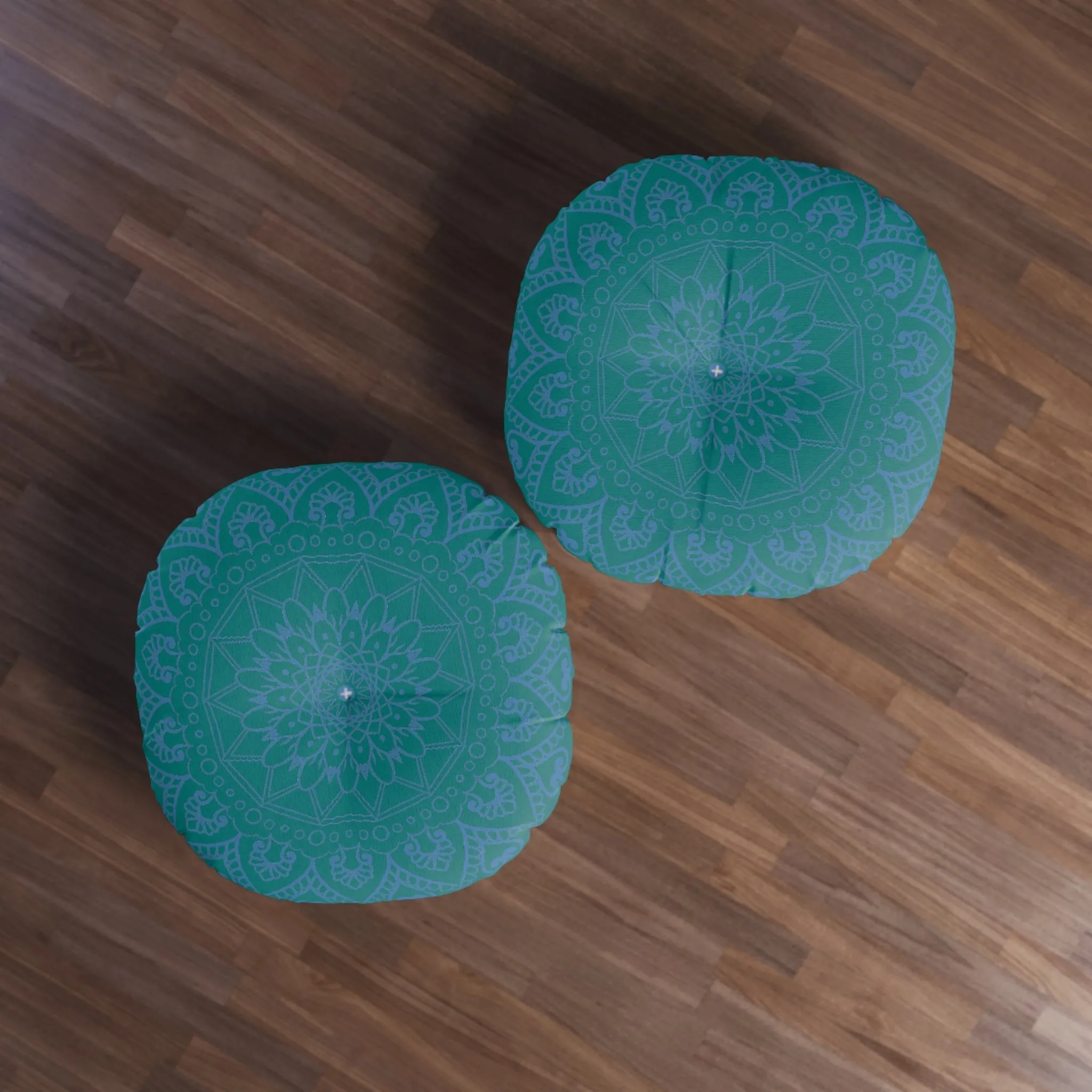 Handmade Mandala Art Tufted Floor Pillow - Steel Blue on Teal Background